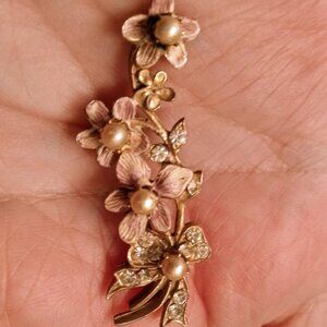 Vintage Cherry Blossom,Gold Tone Brooch w/Pearls & White Stones Added to the Bow